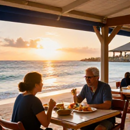 Caribbean Holidays, Aruba Solo Holidays, Friendly beachfront restaurant in Aruba at sunset with a solo diner enjoying local Caribbean food