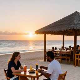 Caribbean Holidays, Aruba Solo Holidays, Friendly beachfront restaurant in Aruba at sunset with a solo diner enjoying local food