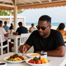 Caribbean Holidays, Aruba Solo Holidays, Friendly outdoor restaurant in Oranjestad, Aruba, with a solo traveller enjoying local Caribbean food at a relaxed table