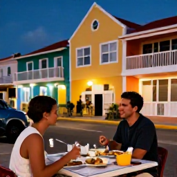Caribbean Holidays, Aruba Solo Holidays, Friendly solo traveller dining outdoors in Oranjestad, Aruba, with colourful buildings, local food and evening lights