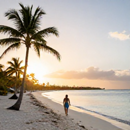 Caribbean Holidays, Aruba Solo Holidays, Lone traveller walking along Eagle Beach in Aruba at sunrise, palm trees, calm turquoise water and broad white sand