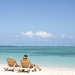 Caribbean Holidays, Aruba Solo Holidays, Palm Beach in Aruba with calm turquoise water, sun loungers and a solo visitor relaxing by the shore