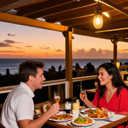 Caribbean Holidays, Aruba Solo Holidays, Solo traveller dining at a friendly open-air restaurant in Aruba at sunset, local Caribbean food and warm lights