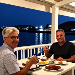 Caribbean Holidays, Aruba Solo Holidays, Solo traveller dining at a relaxed waterfront restaurant in Oranjestad, Aruba, evening lights, Caribbean dishes and friendly atmosphere