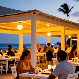 Caribbean Holidays, Aruba Solo Holidays, Solo traveller enjoying a relaxed dinner at an outdoor restaurant in Aruba with warm evening lighting