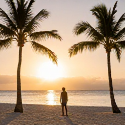 Caribbean Holidays, Aruba Solo Holidays, Solo traveller enjoying a sunset on an Aruba beach with palm trees and warm evening light