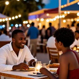 Caribbean Holidays, Aruba Solo Holidays, Solo traveller enjoying an outdoor dinner in Oranjestad, warm evening lights, friendly Caribbean atmosphere, authentic travel photograph