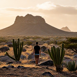 Caribbean Holidays, Aruba Solo Holidays, Solo visitor exploring Arikok National Park in Aruba, rugged desert landscape, cacti, rocky hills and warm morning light