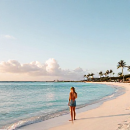 Caribbean Holidays, Aruba Solo Holidays, Traveller enjoying a quiet morning on Eagle Beach, Aruba, with calm turquoise water and palm trees