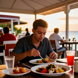 Caribbean Holidays, Aruba Solo October, Solo diner enjoying fresh seafood at an outdoor restaurant in Aruba, warm evening light and a relaxed Caribbean atmosphere