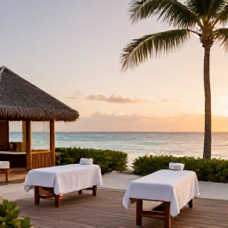 Caribbean Holidays, Aruba Spa Breaks, A calm beachfront spa in Aruba at golden hour, with treatment rooms, palm trees and the Caribbean Sea beyond
