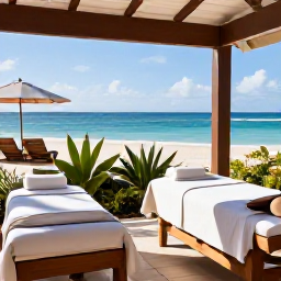 Caribbean Holidays, Aruba Spa Breaks, A calm luxury spa overlooking a bright Caribbean beach in Aruba, with treatment beds, tropical plants and soft morning light