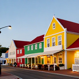Caribbean Holidays, Aruba Spa Breaks, A colourful evening street in Oranjestad, Aruba, with Dutch colonial buildings, local restaurants and warm Caribbean light