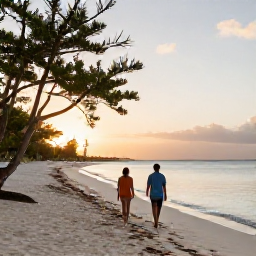 Caribbean Holidays, Aruba Spa Breaks, A couple walking along Eagle Beach in Aruba at sunset, with white sand, calm sea and Divi Divi trees