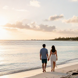Caribbean Holidays, Aruba Spa Breaks, A couple walking barefoot beside calm Caribbean water on an Aruba beach at sunset, with soft golden light and a relaxed atmosphere