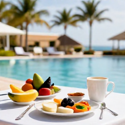 Caribbean Holidays, Aruba Spa Breaks, A healthy breakfast and fresh tropical fruit beside a hotel pool in Aruba, with palms and bright morning light