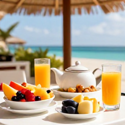 Caribbean Holidays, Aruba Spa Breaks, A healthy Caribbean breakfast with tropical fruit, fresh juice and local ingredients on a shaded terrace in Aruba