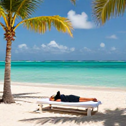 Caribbean Holidays, Aruba Spa Breaks, A peaceful Aruba beach in May with white sand, turquoise water, palm trees and a person enjoying a beachfront massage