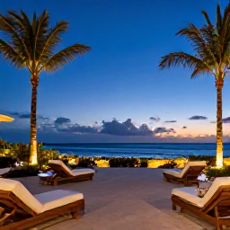 Caribbean Holidays, Aruba Spa Breaks, A peaceful Aruba resort terrace at dusk with palm trees, comfortable loungers and a glowing Caribbean horizon