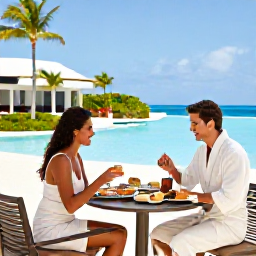 Caribbean Holidays, Aruba Spa Breaks, A relaxed couple enjoying a healthy breakfast and spa holiday in a sunny Aruba resort courtyard