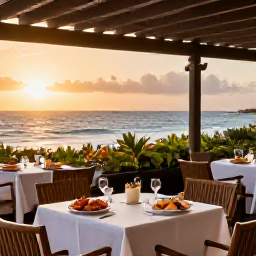 Caribbean Holidays, Aruba Spa Breaks, A relaxed outdoor restaurant in Aruba at sunset, with fresh seafood, tropical plants and tables overlooking the Caribbean