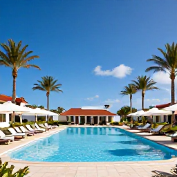 Caribbean Holidays, Aruba Spa Breaks, A stylish Aruba spa resort pool surrounded by palm trees, sun loungers and bright blue May sunshine