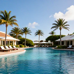 Caribbean Holidays, Aruba Spa Breaks, A tranquil Aruba spa resort in June with palm trees, a calm turquoise swimming pool and warm Caribbean sunlight