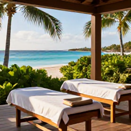 Caribbean Holidays, Aruba Spa Breaks, A tranquil beachfront spa in Aruba with treatment beds, tropical greenery, warm sunlight and glimpses of the turquoise Caribbean Sea