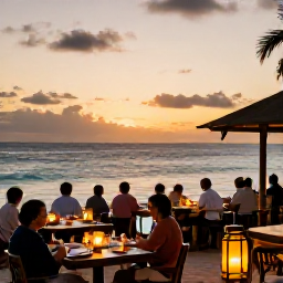 Caribbean Holidays, Aruba Spa Breaks, A warm Aruba sunset viewed from a beachfront restaurant, with relaxed diners, soft lantern light and the Caribbean Sea