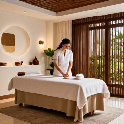 Caribbean Holidays, Aruba Spa Breaks, An elegant Aruba resort spa interior with a therapist preparing a treatment room, natural textures, soft lighting and tropical greenery