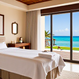 Caribbean Holidays, Aruba Spa Breaks, An elegant Aruba resort spa treatment room with natural light, white towels, candles and a view towards the Caribbean