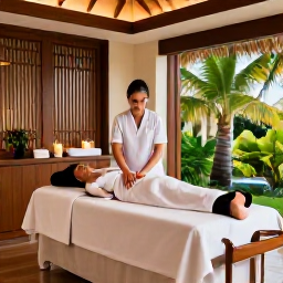 Caribbean Holidays, Aruba Spa Breaks, An elegant Aruba resort spa with a therapist giving a relaxing massage, natural wood details, candles and tropical greenery