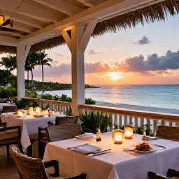 Caribbean Holidays, Aruba Spa Breaks, An elegant Aruba restaurant terrace at sunset with Caribbean dishes, candles and views across the sea