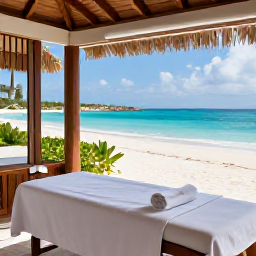 Caribbean Holidays, Aruba Spa Breaks, An open-air Aruba spa treatment room overlooking a white sandy beach and the Caribbean Sea, with natural wood and soft towels