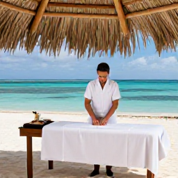 Caribbean Holidays, Aruba Spa Breaks, An outdoor Aruba spa treatment beside a quiet beach, with a therapist preparing a massage table under a shaded palapa