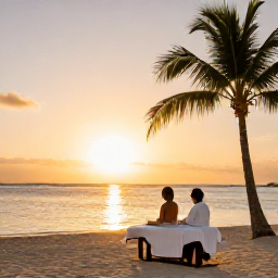 Caribbean Holidays, Aruba Spa Breaks, Couple enjoying a calm Aruba beach at sunset after a spa treatment, with golden light, palm silhouettes and calm water