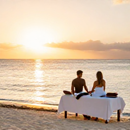 Caribbean Holidays, Aruba Spa Breaks, Couple enjoying a peaceful Aruba beach at sunset after a spa treatment, with soft golden light and calm sea
