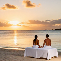 Caribbean Holidays, Aruba Spa Breaks, Couple enjoying a peaceful sunset on an Aruba beach after a spa day, with warm golden light and calm Caribbean water