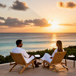 Caribbean Holidays, Aruba Spa Breaks, Couple relaxing on a private terrace overlooking the Caribbean Sea at sunset in Aruba