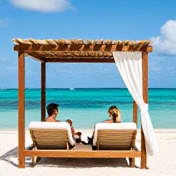 Caribbean Holidays, Aruba Spa Breaks, Couple relaxing on a shaded beach cabana beside calm turquoise water in Aruba