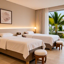 Caribbean Holidays, Aruba Spa Breaks, Elegant Aruba resort spa interior with treatment beds, natural textures, soft lighting and tropical plants