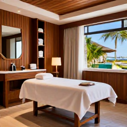 Caribbean Holidays, Aruba Spa Breaks, Elegant Aruba resort spa treatment room with natural wood, soft towels and tropical light