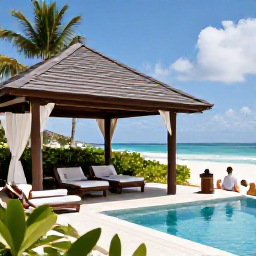 Caribbean Holidays, Aruba Spa Breaks, Elegant Aruba spa resort with open-air treatment pavilion, tropical gardens, white sand beach and guests relaxing beside a pool