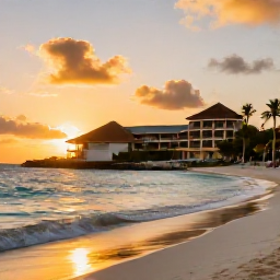 Caribbean Holidays, Aruba Spa Breaks, Golden sunset over a peaceful Aruba beach with a stylish resort in the background