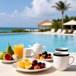 Caribbean Holidays, Aruba Spa Breaks, Healthy breakfast and fresh tropical fruit beside a resort pool in Aruba, creating a relaxed wellness holiday atmosphere
