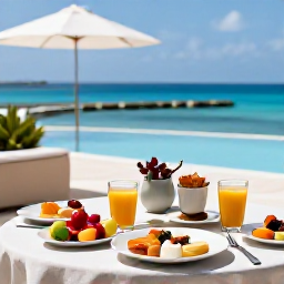 Caribbean Holidays, Aruba Spa Breaks, Healthy Caribbean breakfast and fresh tropical fruit at an Aruba resort, with a calm terrace overlooking the sea