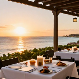 Caribbean Holidays, Aruba Spa Breaks, Healthy Caribbean-inspired meal at an outdoor restaurant in Aruba, overlooking the sea at sunset