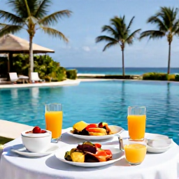 Caribbean Holidays, Aruba Spa Breaks, Healthy outdoor breakfast beside a tropical Aruba pool, with fresh fruit, juice and a tranquil wellness setting