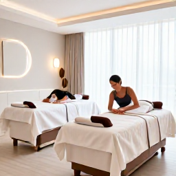 Caribbean Holidays, Aruba Spa Breaks, Luxury Aruba resort spa with a couple enjoying a relaxing treatment in a bright, modern wellness room