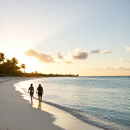 Caribbean Holidays, Aruba Spa Breaks, Palm-fringed Eagle Beach in Aruba with a couple walking beside calm clear water at sunset
